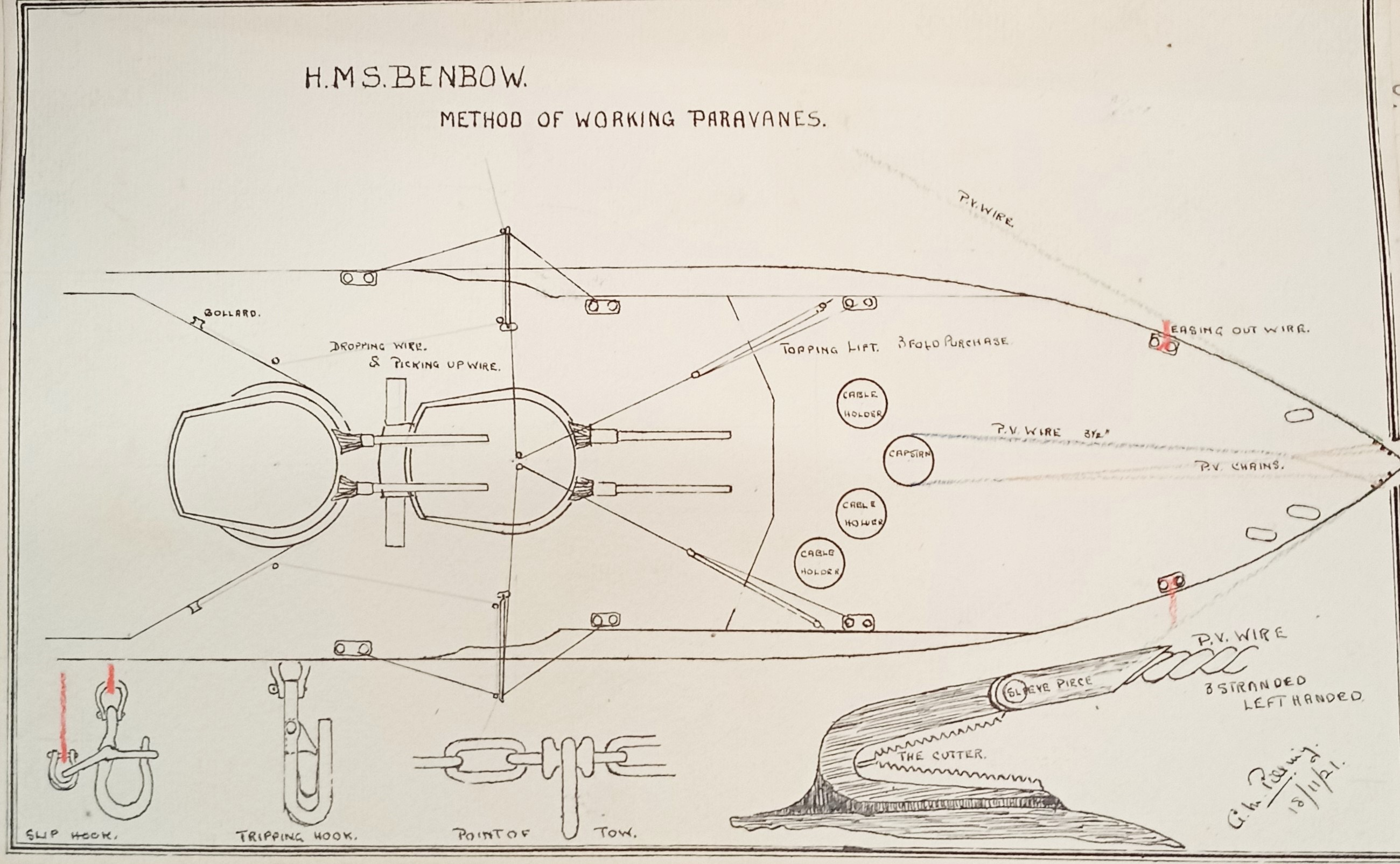 A top-down ship schematic of HMS Benbow. 