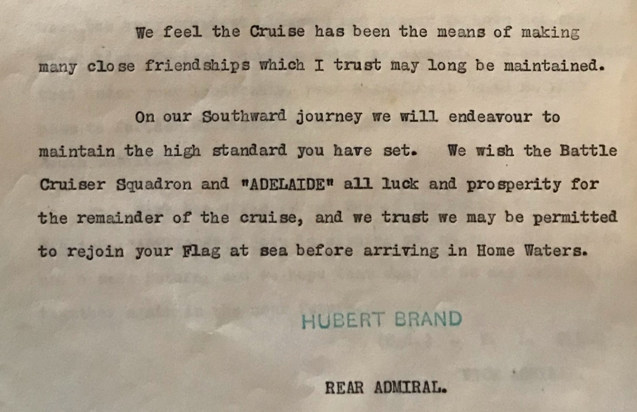 A typed message from Rear Admiral Hubert Brand.