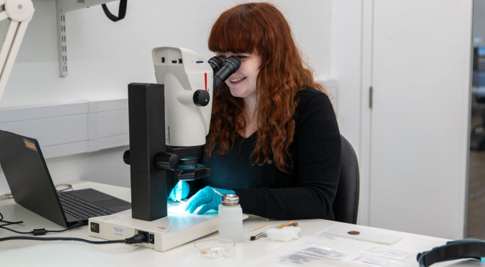 conservator looking at coins through a microscope