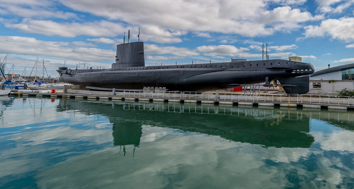HMS Alliance, a submarine, docked in Gosport marina. 