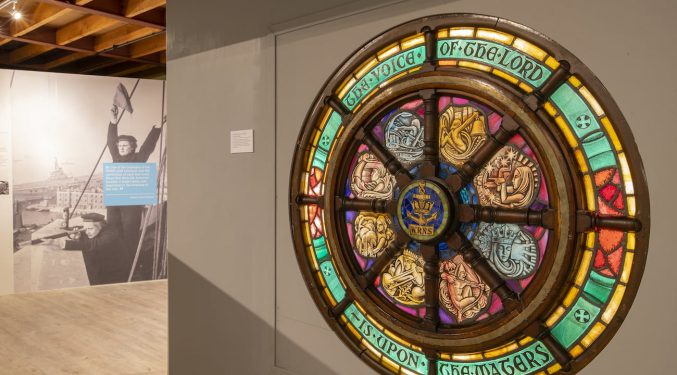 A stained glass exhibit honouring the Women's Royal Navy.
