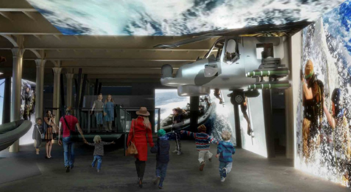Artist rendering of ground floor of Royal Marine Museum featuring a Lynx Helicopter. 