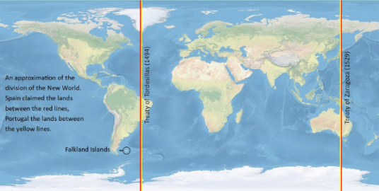 A map showing how Spain and Portugal divided their territory across the globe. 