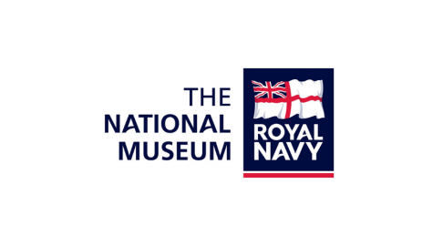 Logo of the National Museum of the Royal Navy. A white ensign on top of a blue background. 