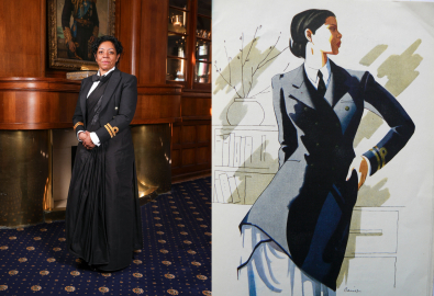 A woman in a Royal Navy sari alongside an older artists impression of the same uniform. 