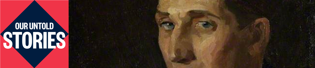The untold stories logo next to an image of a portrait of Edwin Rowland Moon, zoomed in on his eyes