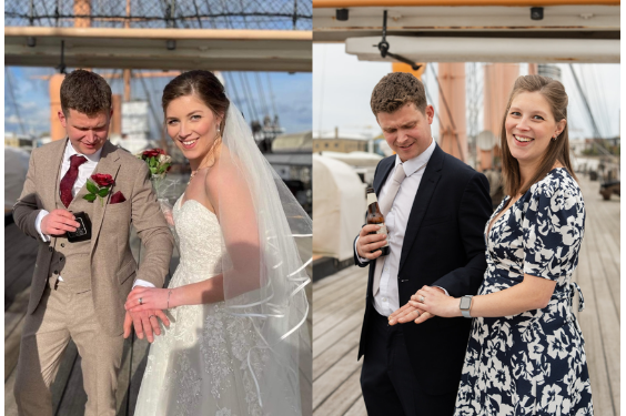 John and Alice recreating their favorite wedding picture walking hand in hand onboard HMS Warrior.  