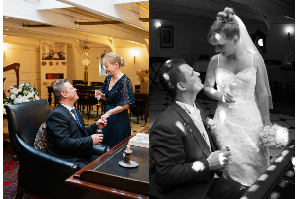 Olly and Nicki recreating their favourite wedding picture toasting in HMS Warrior's Captain's Cabin. 