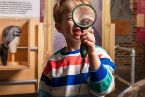 A child holds a magnifying glass up to their eye. 