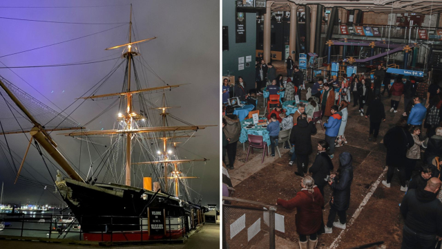 HMS Warrior and Action Stations during the stargazing event at Portsmouth Historic Dockyard.