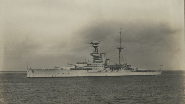 Contemporary black and white photograph of HMS Royal Oak at sea.  