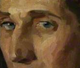The untold stories logo next to an image of a portrait of Edwin Rowland Moon, zoomed in on his eyes
