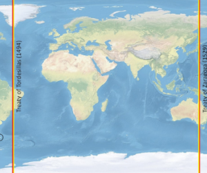 A map showing how Spain and Portugal divided their territory across the globe. 