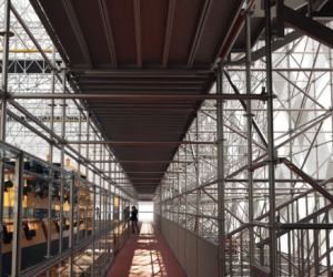 HMS Victory surrounded by protective scaffolding. 