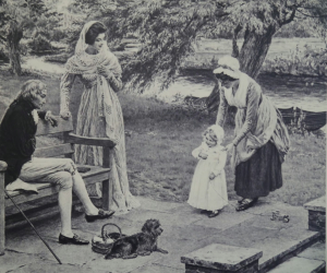 A black and white recreation of Nelson and Emma with a young Horatia in the garden of Melton Place. 