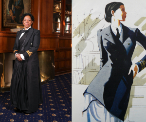 A woman in a Royal Navy sari alongside an older artists impression of the same uniform. 