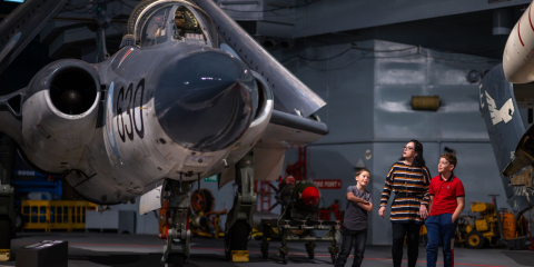 Mother and sons look up at a Royal Navy aircraft housed at the Fleet Air Arm Museum.
