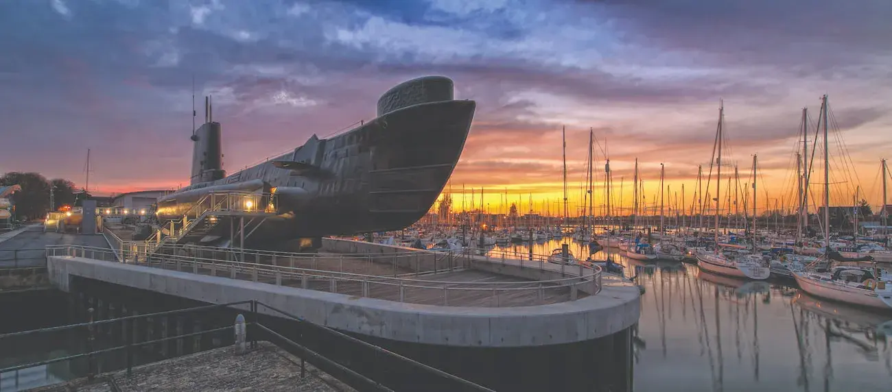 HMS Alliance at sunset in Gosport Marina. 